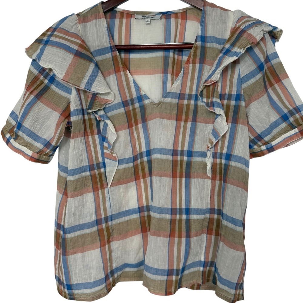 Madewell Plaid Ruffle V-Neck Gauze Top AK049 SP20 Blue Orange White Womens M